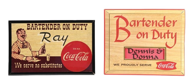 COLLECTION OF 2 COCA-COLA BARTENDER ON DUTY SERVER SIGNS