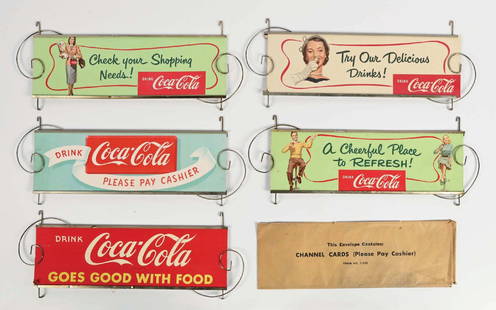 COLLECTION OF COCA-COLA CHANNEL CARDS AND FRAMES: A nice collection of five c. 1950s cardboard channel cards from Coca-Cola with their original metal hanging frames. This collection also comes with one original shipping envelope. CONDITION: Each of t