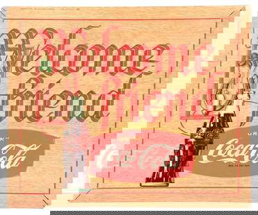 WELCOME FRIEND DRINK COCA-COLA SIGN: This c. 1957 single-sided self-framed cardboard sign from Coca-Cola features the iconic script logo with an early form of the fishtail logo. This sign is self-framed and three-dimensional. CONDITION: