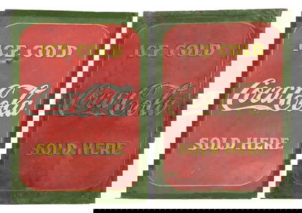COLLECTION OF 2 ICE COLD COCA-COLA SOLD SIGNS: SST. Maker marked "W.F.R.". A nice collection of two c. 1930 single-sided tin sidewalk signs from Coca-Cola featuring the script logo and "Ice Cold - Sold Here" tagline. CONDITION: Both shows discolor