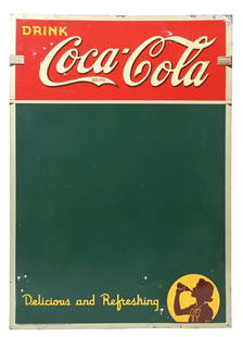COCA-COLA MENU BOARD W/ SILHOUETTE GIRL GRAPHIC: SST. Maker marked "American Art Works". This c. 1930s single-sided tin menu board sign from Coca-Cola features the script logo and circular silhouette girl graphic. CONDITION: The sign shows a handful