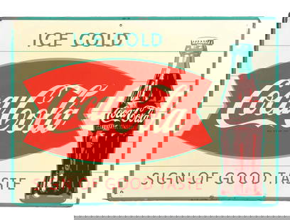 COCA-COLA ICE COLD SIGN OF GOOD TASTE SIGN W/ FISHTAIL GRAPHIC.: SST. A nice example of this C. 1960's single sided tin sign from Coca-Cola featuring the fishtail logo and a nice bottle graphic. CONDITION: The field remains clean with some light yellowing to the wh