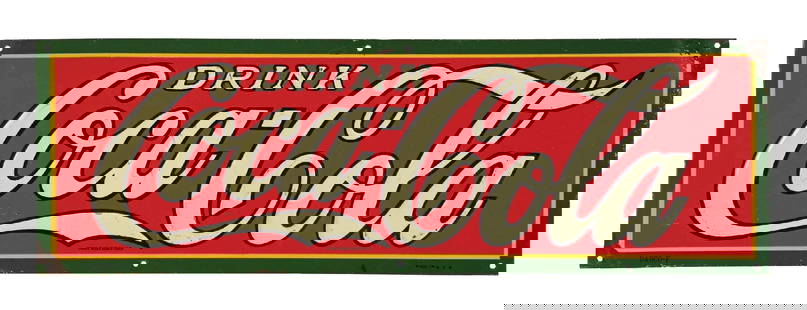 DRINK COCA-COLA EMBOSSED TIN SIGN: SST. Maker marked "Dasco". This c. 1940 single-sided embossed tin sign from Coca-Cola features the iconic script logo and company colors. CONDITION: The field of the sign shows a few surface scrapes a