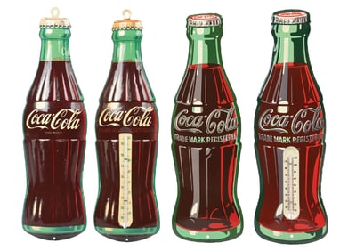 COLLECTION OF 4 COCA-COLA TIN BOTTLE SIGNS AND THERMOMETERS