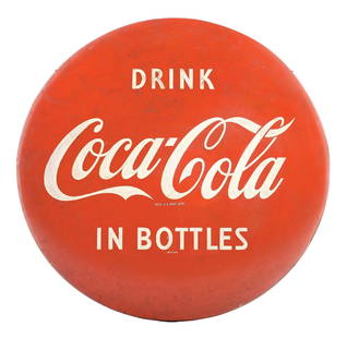 COCA-COLA "IN BOTTLES" BUTTON SIGN: SST. This c. 1950s single-sided tin button sign from Coca-Cola features the script logo with "In Bottles" tagline. CONDITION: The button has been repainted/restored at some point in the distant past.