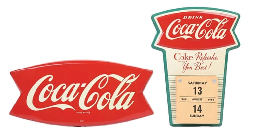COLLECTION OF 2 COCA-COLA CALENDAR SIGN AND FISHTAIL SIGN