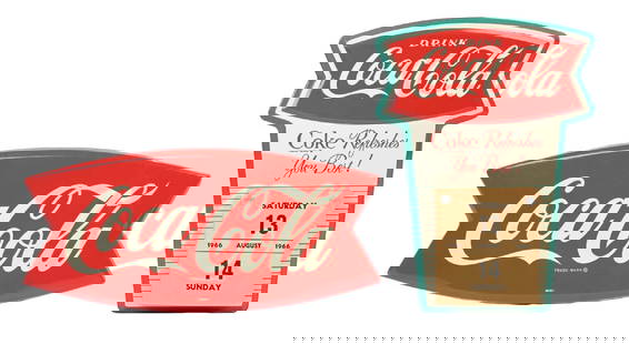 COLLECTION OF 2 COCA-COLA CALENDAR SIGN AND FISHTAIL SIGN: This collection of two single-sided tin signs from Coca-Cola includes a die-cut tin fishtail calendar and a small embossed tin fishtail sign, marked "AM-62". CONDITION: (A) The calendar is in excellen