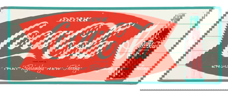 TIN COCA-COLA FISHTAIL SIGN: SST. Maker marked "MCA". This c. 1960s single-sided tin sign from Coca-Cola features the fishtail design with a nice bottle graphic. CONDITION: This sign remains exceptionally clean over all. There