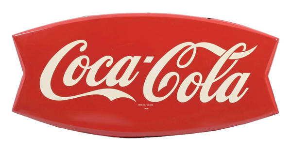 COCA-COLA FISHTAIL SIGN.: SST. A nice example of this C. 1960 single sided, convex sign from Coca-Cola featuring the script logo and a nice fishtail shaped form. CONDITION: The field shows nice gloss with only a few light
