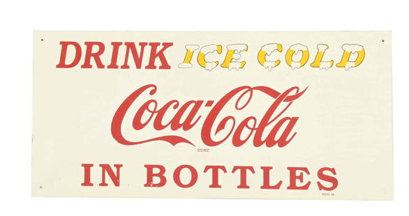 DRINK ICE COLD COCA-COLA IN BOTTLES TIN SIGN: SST. A nice example of this C. 1950s single-sided tin sign from Coca-Cola featuring the iconic script logo and nice "Ice Cold" verbiage. CONDITION: The sign shows a few specks of paint loss seen in th