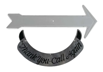 COLLECTION OF 2 METAL ARROW SIGN AND BUTTON ATTACHMENT SIGN