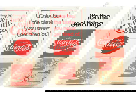 COLLECTION OF 3 TIN COCA-COLA CALENDARS: A nice collection of three c. 1960s-1970s single-sided tin calendar signs from Coca-Cola, each with a full calendar pad. CONDITION: All three tin signs remain clean and glossy. All show some insignifi