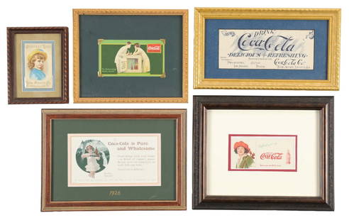 COLLECTION OF 5 COCA-COLA AND JAPANESE SOAP ADVERTISEMENTS: A nice collection of five advertising items including a Japanese Soap trade card, three Coca-Cola blotters, and a "Pure and Wholesome" hanging sign. CONDITION: All five items remain clean and very