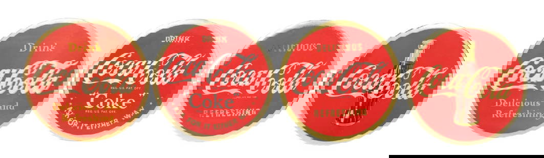 COLLECTION OF 4 CELLULOID COCA-COLA DISC SIGNS: A nice collection of four c. 1930s-1950s celluloid disc signs from Coca-Cola, featuring the iconic script logo. CONDITION: All four signs remain clean in the field, with general wear and minor