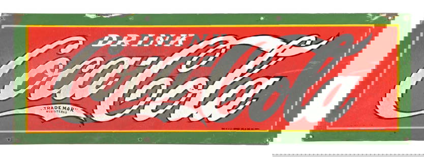 DRINK COCA-COLA PORCELAIN SIGN: SSP. This c. 1930 single-sided porcelain sign from Coca-Cola features the iconic company logo and colors. CONDITION: The field of this sign shows heavy surface scratching, which can be seen most notab