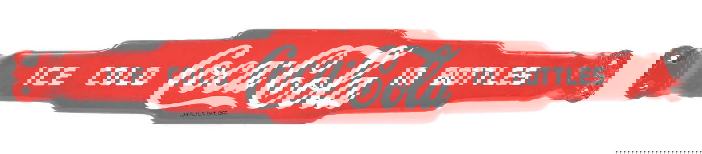 ICE COLD COCA-COLA IN BOTTLES DOOR PUSH BAR SIGN: This c. 1940s porcelain push bar sign from Coca-Cola features the script logo in the center with "Thank You - Call Again" on the backside. CONDITION: The field remains bright and glossy. The outer