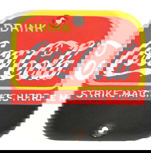 PORCELAIN COCA-COLA MATCH STRIKE SIGN: SSP. This c. 1940s single-sided porcelain match strike sign produced for Coca-Cola features the iconic company logo and a textured area at the bottom for striking matches. CONDITION: This piece