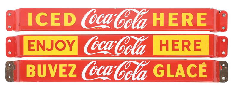 COLLECTION OF 3 ENGLISH AND FRENCH COCA-COLA DOOR PUSH BAR SIGNS: This collection of three porcelain push bars from Coca-Cola were made for the Canadian market. CONDITION: (A) The "Buvez" push bar shows porcelain loss on each end, with a few small chips in the outer