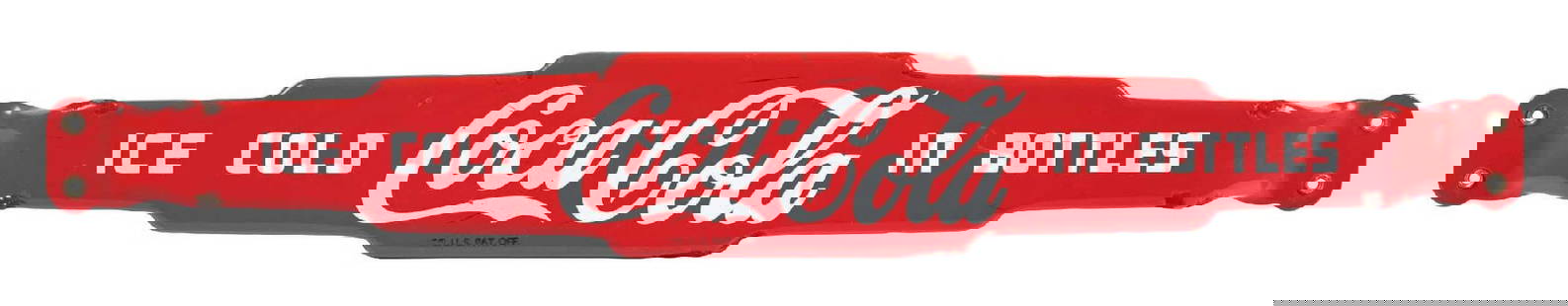 PORCELAIN COCA-COLA DOOR PUSH BAR: C. 1940s "Ice Cold Coca-Cola in Bottles" door push bar, "Thank You - Call Again" on reverse. CONDITION: Push bar shows age-appropriate wear and has areas of paint loss. Condition: (8.0 - 8.5).