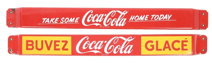 COLLECTION OF 2 ENGLISH AND FRENCH COCA-COLA DOOR PUSH BAR SIGNS