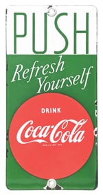 COCA-COLA PORCELAIN "REFRESH YOURSELF" PALM PRESS SIGN