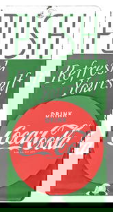 COCA-COLA PORCELAIN "REFRESH YOURSELF" PALM PRESS SIGN: SSP. This c. 1950s single-sided porcelain palm press sign from Coca-Cola features the script logo and "PUSH" lettering. CONDITION: The outer edges and mounting holes of this sign show small porcelain