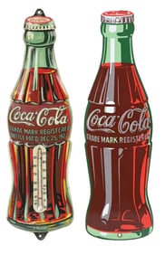 COLLECTION OF 2 COCA-COLA DIE-CUT BOTTLE SIGN AND TIN THERMOMETER