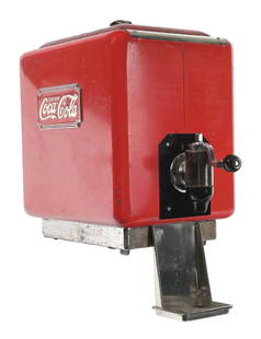 COCA-COLA COUNTERTOP SYRUP DISPENSER: This c. 1930s countertop syrup dispenser from Coca-Cola features the script logo on both sides, with nice Art Deco features throughout. CONDITION: The body of the dispenser shows paint loss and wear t