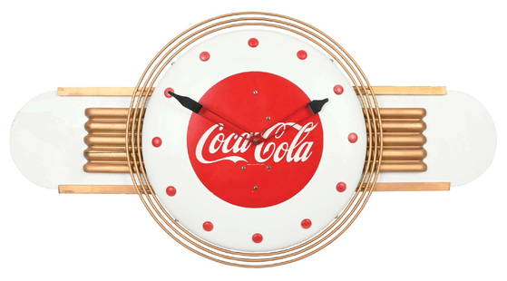 COCA-COLA CLOCK WITH MASONITE ATTACHMENTS: This c. 1940s tin clock from Coca-Cola features two Art Deco Masonite attachments, with the iconic script logo in the center. CONDITION: The field of the clock retains good color, with a few light scu