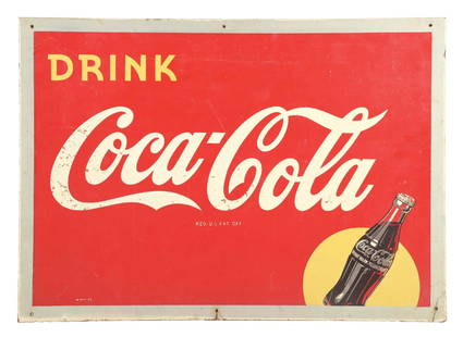 DRINK COCA-COLA SIGN W/ SUN & BOTTLE GRAPHIC: Maker marked "AM 9-46". This c. 1946 single-sided Masonite sign from Coca-Cola features the iconic script logo and colorful sun and bottle graphic. CONDITION: The field shows specks of color loss- mos