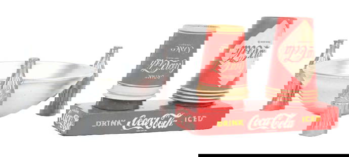 COLLECTION OF 2 COCA-COLA CUP DISPLAY AND PRETZEL BOWL: A nice collection of two items from Coca-Cola including a c. 1930s aluminum pretzel dish from Brunhoff, and a c. 1950s wooden countertop cup display. The diamond cups seen on one side of the cup displ