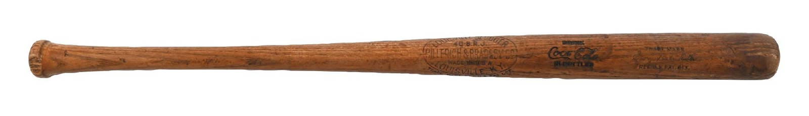 COCA-COLA LOUISVILLE SLUGGER BASEBALL BAT: This c. 1930s baseball bat from Coca-Cola was made by Louisville Slugger, and shows a nice script logo and "In Bottles" tagline. CONDITION: The bat is solid and uncracked. The wood is darkened and has