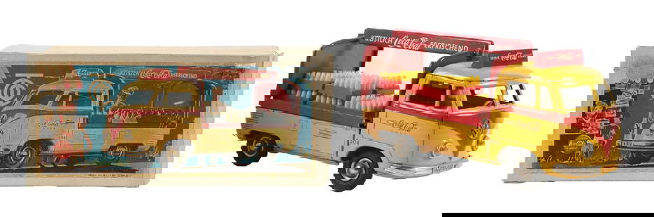 TOY GERMAN COCA-COLA TRUCK W/ BOX: A nice example of this c. 1960 toy Volkswagen delivery truck from Coca-Cola with original box. CONDITION: The box remains clean with original label on top. The truck shows a few small paint chips and