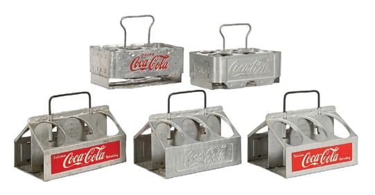 COLLECTION OF 5 METAL COCA-COLA 6-PACK CARRIERS