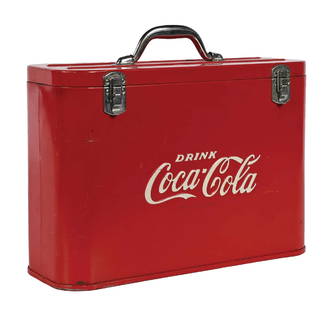 COCA-COLA AIRLINE COOLER: This c. 1950s cooler from Coca-Cola features the iconic script logo nicely embossed on the front. This cooler has a narrow build, meant for use on airplanes. CONDITION: The cooler shows scrapes and sp