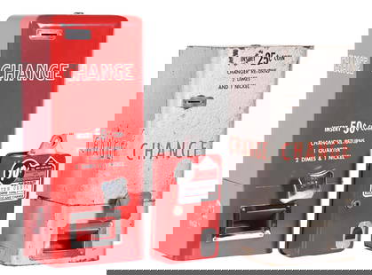 COLLECTION OF 3 COIN CHANGING MACHINES: A nice collection of three coin changing machines, including one Vendo coin changer vending machine attachment. CONDITION: (A) The grey changer shows paint loss and wear throughout the body. It comes