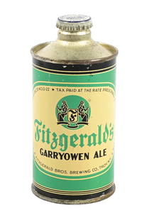 FITZGERALD'S GARRYOWEN ALE J-SPOUT CONE TOP BEER CAN: Fitzgerald Bros. Brewing Co - Troy, NY. CONDITION: Incredible example with solid deep rich and bright paint. Has very minor paint scratches along top edge and to left of the logo in the green. Thin sm