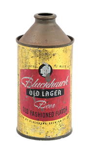 BLACKHAWK OLD LAGER BEER CONE TOP CAN: Blackhawk Brewing Co - Davenport, IA. Difficult to find Blackhawk Old Lager Beer cone top. Metallic can has some overall wear, tarnish and paint loss. Still a solid example that displays well. Conditi
