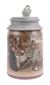 LEMP BREWING CO ST LOUIS PAINTED PUB SCENE STONEWARE PEWTER LID BEER STEIN