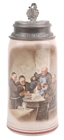 LEMP BREWING CO - 1 LITER - ST LOUIS PAINTED FOUR MONK PUB SCENE STONEWARE PEWTER LID STEIN & PAPER