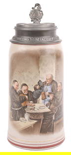 LEMP BREWING CO - 1 LITER - ST LOUIS PAINTED FOUR MONK PUB SCENE STONEWARE PEWTER LID STEIN & PAPER: Early 1900s Lemp Brewery St. Louis, Missouri painted four monk pub scene stoneware stein with pewter lid. Extremely more difficult to find 1 Liter version. CONDITION: Beautiful example with strong bri