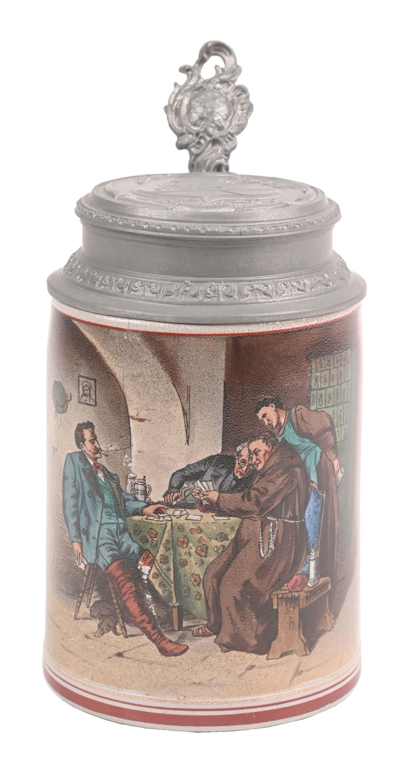 LEMP BREWING CO ST LOUIS PAINTED MONK PUB SCENE STONEWARE PEWTER LID BEER STEIN (1 of 8)