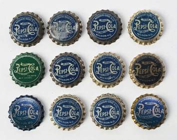 COLLECTION OF 12 BLUE AND GREEN PEPSI-COLA REPRODUCTION BOTTLE CAPS