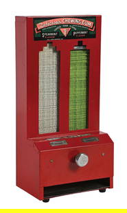 SPEARMINT AND PEPPERMINT CHEWING GUM VENDOR: This c. 1930s-1940s chewing gum vending machine vends two flavors and retains its original decals on the front. The machine comes stocked with original sticks of chewing gum, and retains its original