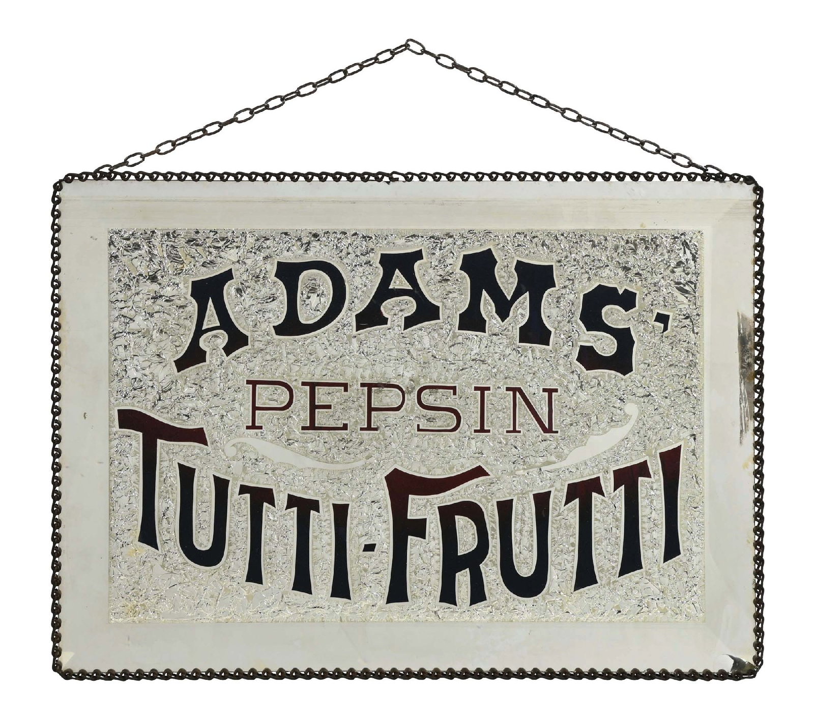 ADAMS TUTTI-FRUTTI CHEWING GUM GLASS SIGN: A nice example of this glass sign from Adams Chewing Gum, featuring a nice foil-backed design and ornate lettering. The age is unknown on this sign. CONDITION: The sign shows a small chip in the botto
