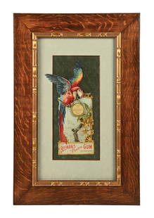 BEEMAN'S PEPSIN GUM SIGN W/ PARROT GRAPHIC: Maker marked "Wolf & Co.". This single-sided three-dimensional cardboard sign from Beeman's Chewing Gum features an outstanding parrot graphic. The parrot's head and small sign that hangs from his mou