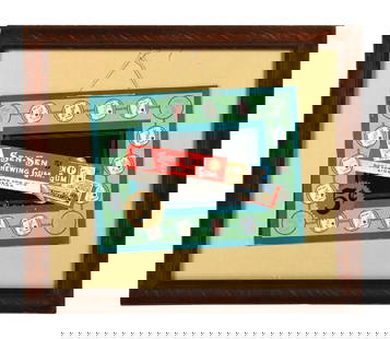 SEN-SEN CHEWING GUM SIGN W/ PRODUCT GRAPHIC: This c. 1910s-1920 double-sided cardboard sign from Sen-Sen Chewing Gum features a nice graphic of sticks of gum on both sides. CONDIITON: Side 1 shows a few specks of color loss in the lower-center f