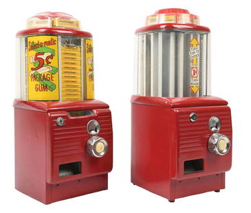 COLLECTION OF 2 VINTAGE FIVE-CENT GUM VENDING MACHINES: A nice collection o two c. 1950s chewing gum vending machines. CONDITION: These two machines remain in complete condition, with great graphics and colors. The red painted bodies of both machines show