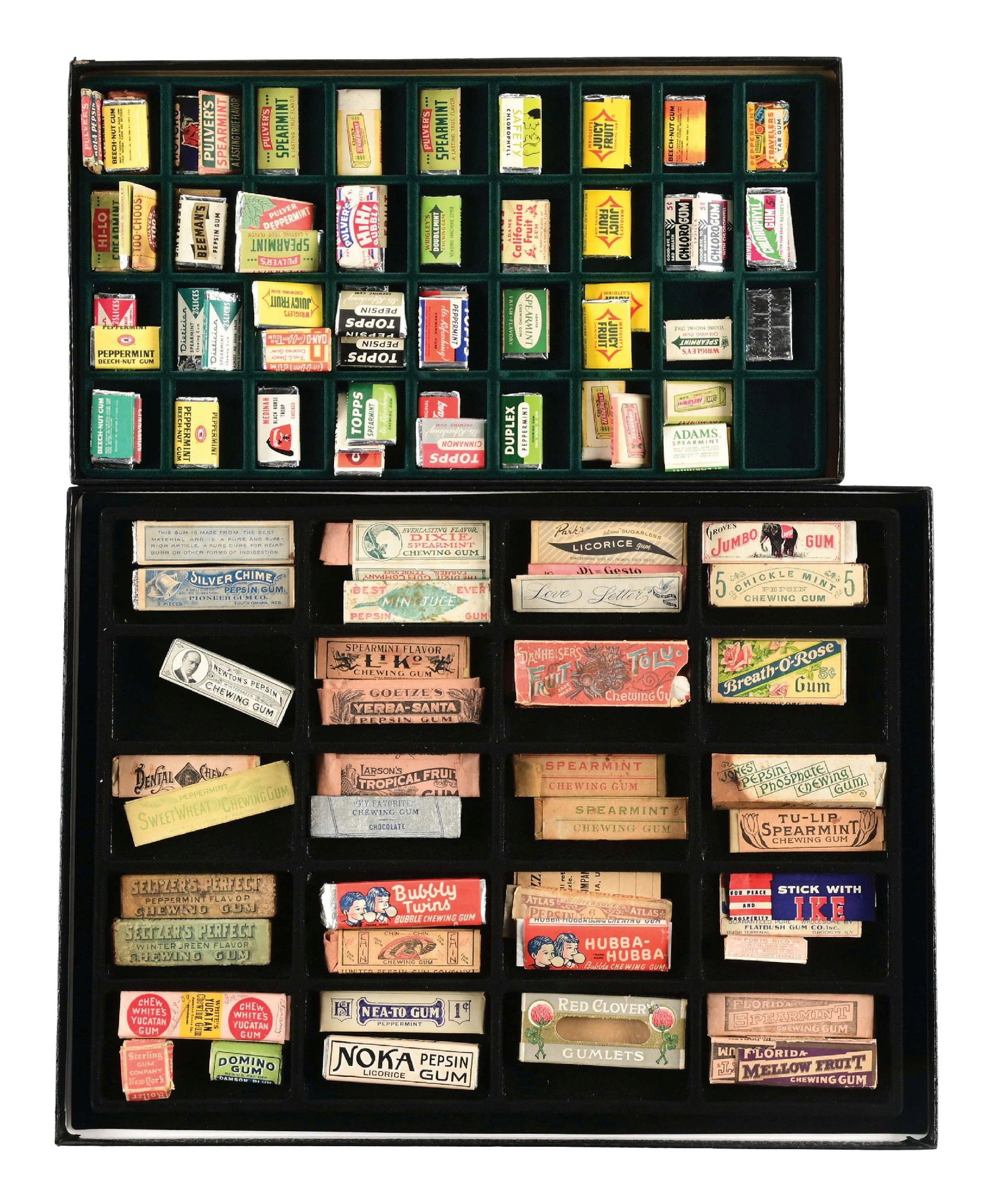 COLLECTION OF CHEWING GUM PACKS, STICKS & WRAPPERS: This collection of chewing gum packs, sticks and wrappers consists of two Ryker boxes with brands like Chicle Mint, Hubba-Bubba, Netogum, White's Yucatan, and others, including original tab gum sticks