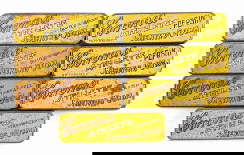 COLLECTION OF 7 CORONA GUM TINS: This collection of 7 Corona Gum tins consist of: Athlete Pepsin Gum in Strawberry, Blood Orange, etc. Condition: (Fair - Good). Dimensions: Each: 3 - 1/4" x 1".